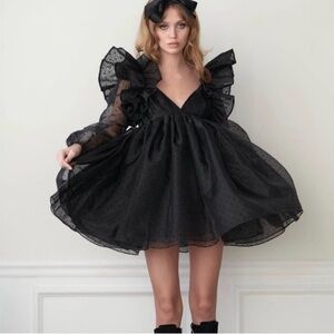 Selkie Sugarfrill Mini Dress Women’s Size Medium Ruffle Organza Black Caviar